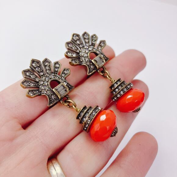 Signed Heidi Daus Red Deco Swarovski Crystal Clip On Earrings Dangle Drop VTG - Picture 14 of 16